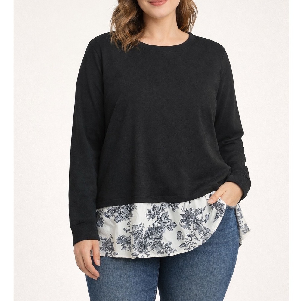 Jason Wu Womens 2X Black Floral‎ Mixed Media Layered Look Sweatshirt Top e3